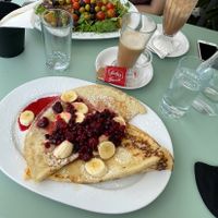Vegan eton mess pancakes and oat milk latte at The Pancake Cafe in Durham