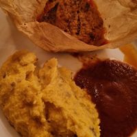 Main dish baked soy medaillons with porcini mushrooms, polenta with chestnuts at Blume Wollbach in Kandern