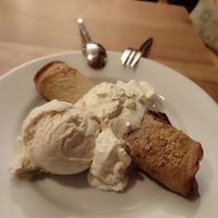 Vegan Palatschinken with vanilla ice cream and whipped cream at Blume Wollbach in Kandern