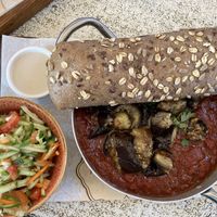 Shakshuka with eggplant (tasty but I wish they had tofu in this dish) at Nimrod Cafe - Port in Tel Aviv