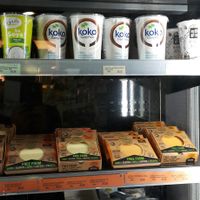 Lots of vegan cheese, yoghurt and tofu. Yum! at GreenHouseBio in Thessaloniki