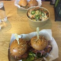Vegan chick’n burger, vegan chilli fries, meat burger of a friend at Token in Dublin