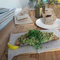 mashed avocado and chocolate muffin at Coffee Room in Prague