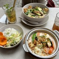 Vegan massaman tofu curry with rice. Can’t remember what the soup was other than vegan and delicious.   at +84 Asian Restaurant in Berlin