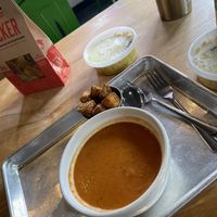 tomato soup, homemade croutons, goat 🐐 chips 🔥 PA DUTCH MACARONI SALAD!!!   at Love Again Local in West Chester