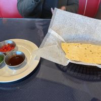 Complimentary appetizers- mint (green), onion (red), tamarind (brown)  at Himalayan Yak in Fargo