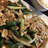 Vegan chicken with satay sauce and white  rice  at Vietnam's Central in Scarsdale