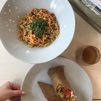 Our amazing lunch: veggie pasta and roll
 at Verde Cafe in Moscow