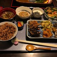 Vegan dinner plate with miso soup, liquid tofu, etc. Perfect portion for a reasonable price. at Cafe 85 in Kyoto