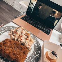Schnitzel and potato salad + cupcake  at The Judgy Vegan in Brussels