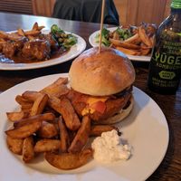 seitan burger (with seitan meatballs in the background) at The Judgy Vegan in Brussels