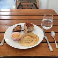 Peanut butter chocolate brownie, chocolate roll, lavender muffin, apple crep at The Judgy Vegan in Brussels