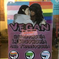 Anti-homophobic action, antispeciesist action, anti-transphobia action at The Judgy Vegan in Brussels