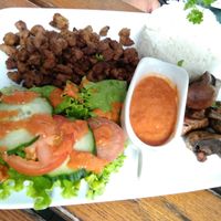 Dish of the day: grilled mushrooms and soybeans with rice and sauce at The Judgy Vegan in Brussels