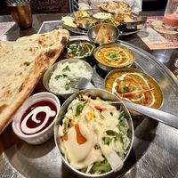 Vegan and vegetarian thalis with rose lassi drink
 at Namaskar in Sendai