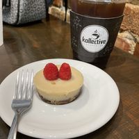 Vegan raspberry cheesecake and iced coffee  at Kollective Coffee & Tea in Hot Springs