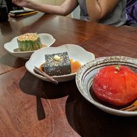 Entrees. Winter veg and sesame sauce, sesame tofu, marinated tomato at Hoshina 穗科 - Zhongshan District in Taipei