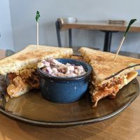 Bbq jackfruit sandwich and side of chikn salad at Kornerstone in East Aurora