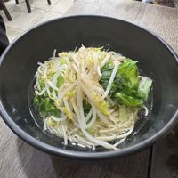 Noodles with sesame sauce underneath bean sprouts and cooked greens  at Chen Shi Xiong Su Rou Yuan in Taoyuan