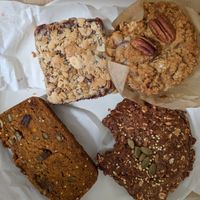 pear slice, raspberry crumble slice, muffin, breakfast cookie (I couldn't wait to taste it) at Whole Glow Cafe in Cumberland