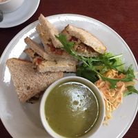 Decent and tasty "soup & sandwich" - Hummus & Roast Veg, with a Pea soup. Specialist coffee on the side (Spiced Orange Latte) at Gillam's Tea Room in Ulverston