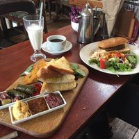 Mezze board and Tofu burger! at Gillam's Tea Room in Ulverston