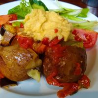 Jacket potato with houmous & roast vegetables at Gillam's Tea Room in Ulverston