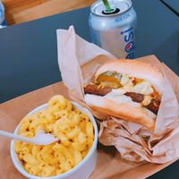World famous burger with mac n cheese at Marty's V Burger in New York City