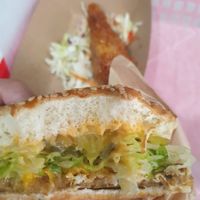 Classic burger and Thai chicken drumstick at Marty's V Burger in New York City