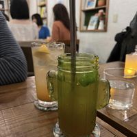 Catcus Glass : homemade apple cinnamon soda (ice) , Glass Behind : homemade ginger whiskey & soda  at Hemp Cafe Tokyo in Tokyo