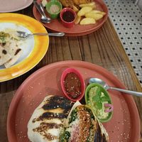 Mexican burrito and mushroom fried "chicken" at Hemp Cafe Tokyo in Tokyo
