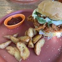 KFC-Style Maitake Mushroom Burger  at Hemp Cafe Tokyo in Tokyo