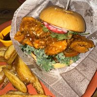 Fried mushroom teriyaki burger. Delicious! Even the fries and BBQ sauce were top notch    at Hemp Cafe Tokyo in Tokyo
