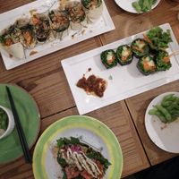 Burrito, raw sushi, edamame, tacos at Hemp Cafe Tokyo in Tokyo