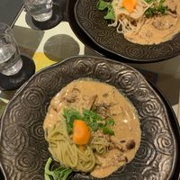 Yamato toki noodles with  soy milk mushroom cream sauce  at Kururu in Nara