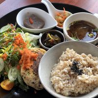 Lunch plate with tofu burger at Kururu in Nara