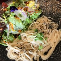 Noodles and vegetables at Kururu in Nara
