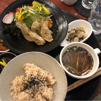 Brown rice and veggies with daikon+negi gyoza and a small soup! at Kururu in Nara