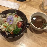 Salad and Miso.  Part of the mushroom pasta meal  at Kururu in Nara