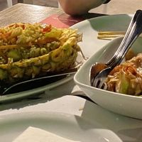 Rice with yellow curry and pad see ew   at Paradox Thai Food and Bar in Santorini