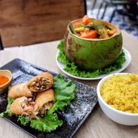 Yellow curry, spring rolls and rice at The Green Room in Taipei