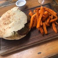 Falafel pita with sweet potato chips  at Aroma Isla in Isla Mujeres