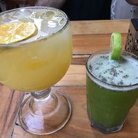 Sparkling orangeade and chia with lemon!! Both delicious!! at Aroma Isla in Isla Mujeres