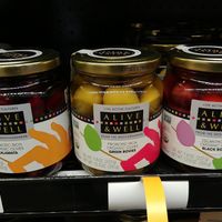 Naturally fermented probiotic olives! They sell a ton of fermented foods like krauts, pickles, kombuchas, vegan coconut water kefirs, cultured non-dairy yogurt, and even cultured vegan butters and cheeses. They sell started cultures too in the fridge. at Choices Natural Market in Loves Park