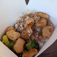 Mock chicken teriyaki with rice at Uncle Tsang's Kitchen - Food Trailer in Portland