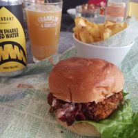 Greek burger, fries, beer at The Diner in Stroud