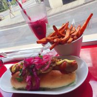 Vegan dog, sweet potato fries and a black currant refresher  at The Diner in Stroud