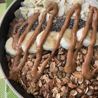 Chocolate, peanut butter, banana bowl  at Super Juice in Praia Da Rocha