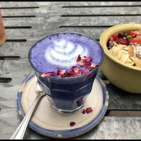 Farm girl cafe, blue butterfly latte  at Farm Girl Cafe in West London