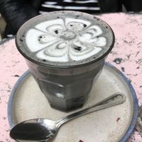 Latte Black with charcoal, date syrup and almond milk. at Farm Girl Cafe in West London